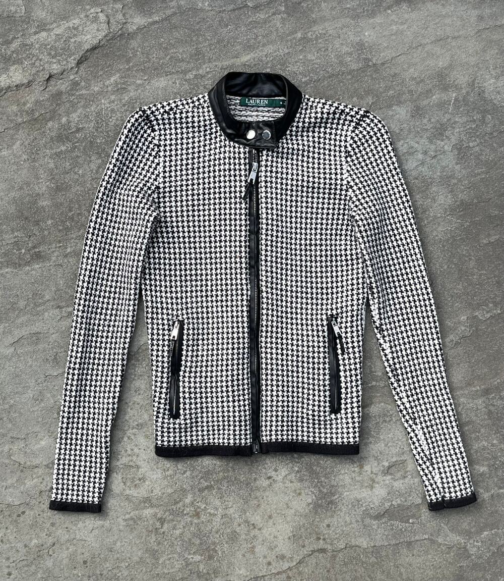 Lauren Ralph Lauren Houndstooth Moto Jacket Small Black White Faux Leather Trim